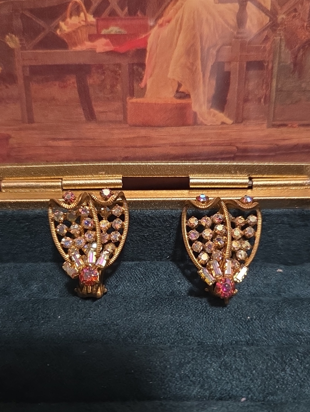 Vintage Signed TRIAD Gold Tone With Pink Crystal Clip On Earrings